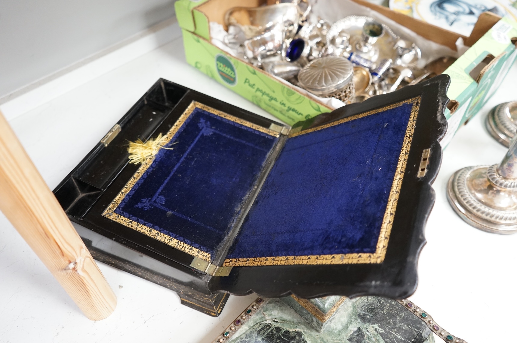 A Victorian papier maché mother of pearl inlaid writing slope and a 19th century French marble desk stand, 36cm wide